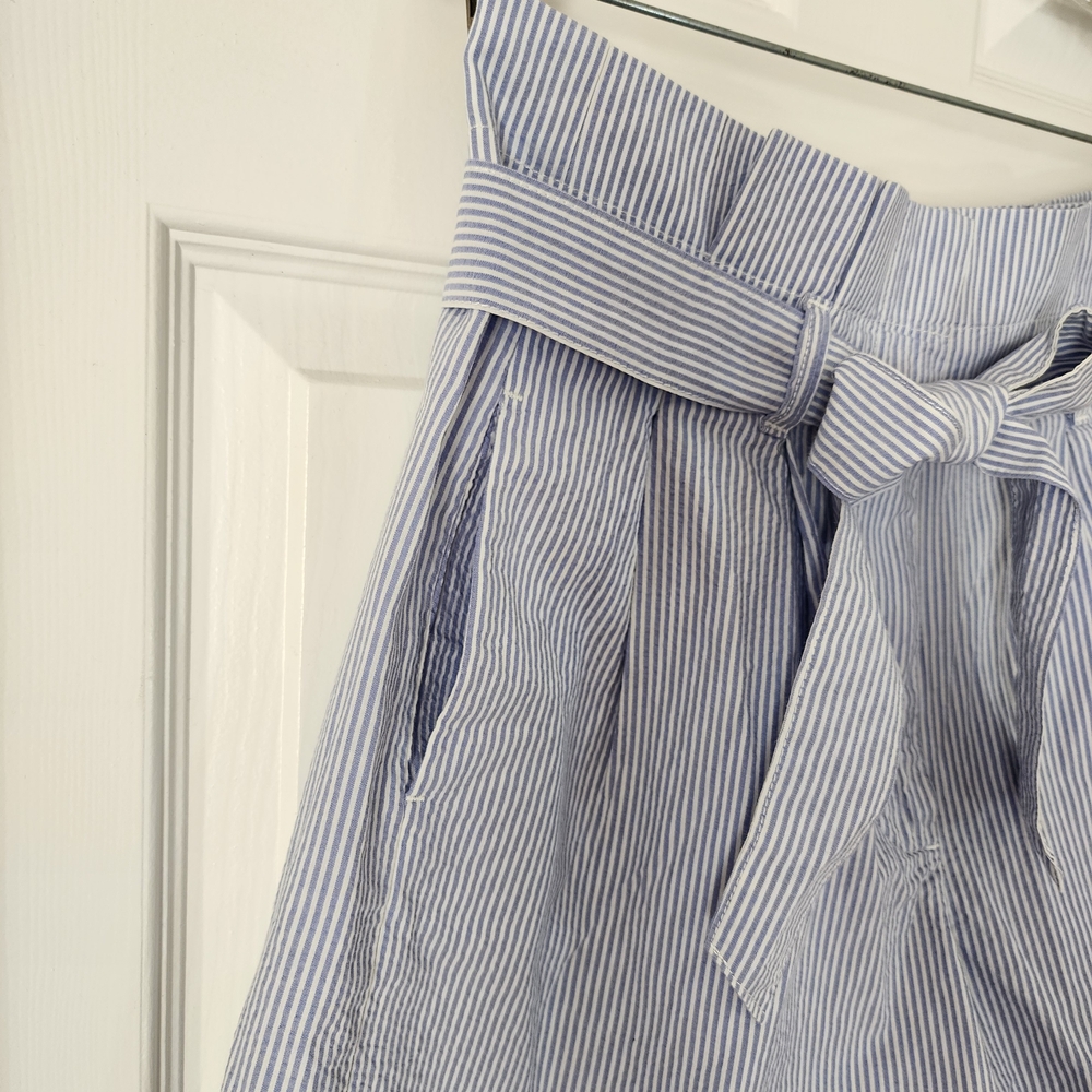 J. Crew Blue & White Pleated Paper Bag Waist Shorts - Size 6, High Waist, Preppy - Picture 2 of 7